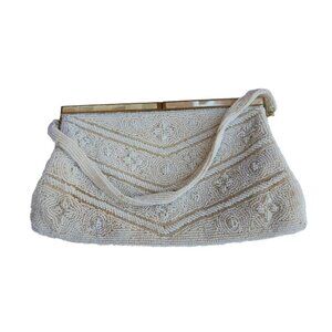 VTG Walborg Cream Microbeaded Evening Bag Purse W/ Fine Quality MOB& Metal Frame